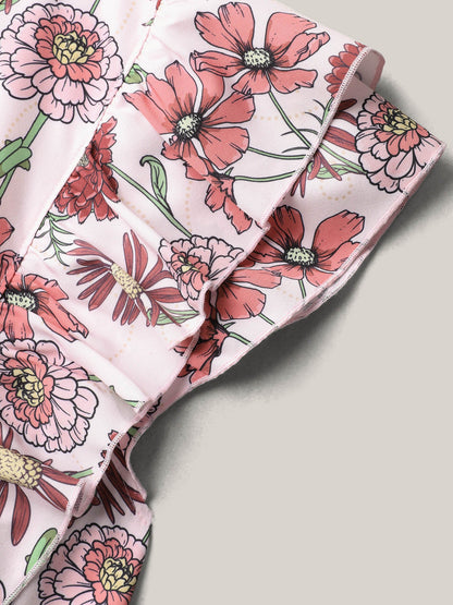 Ruffled Floral Print Stretchy-Waist Midi Dress