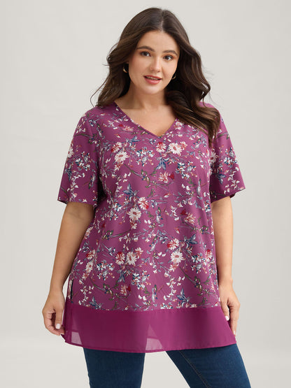Garden Print Spliced V-Neck Blouse