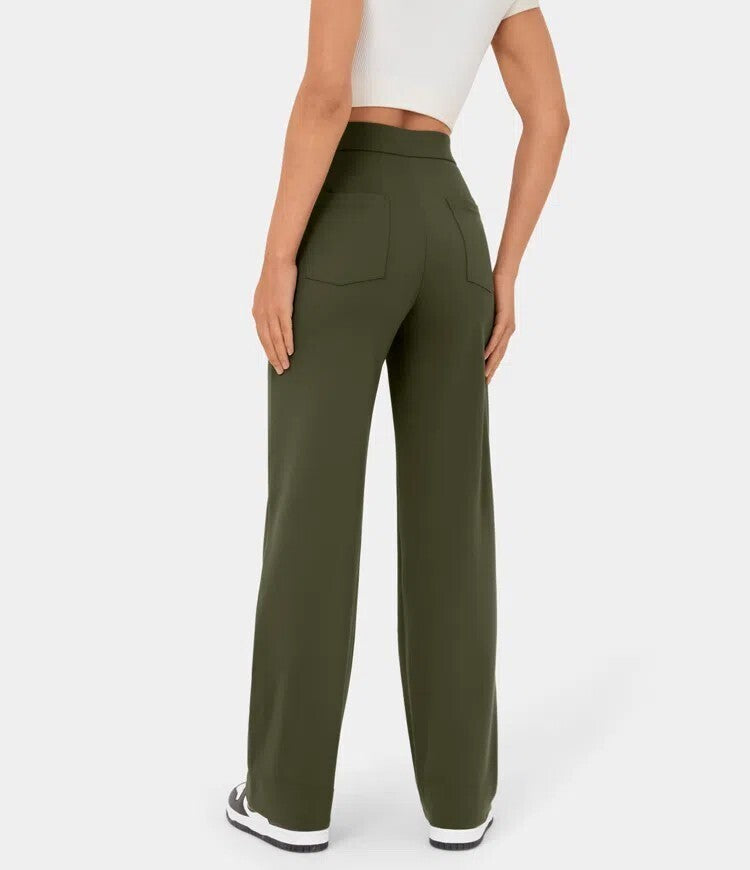 High Waisted Button Multiple Pockets Straight Leg Casual Pants