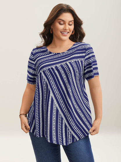 Striped Overlap Print Curvy Hem Blouse