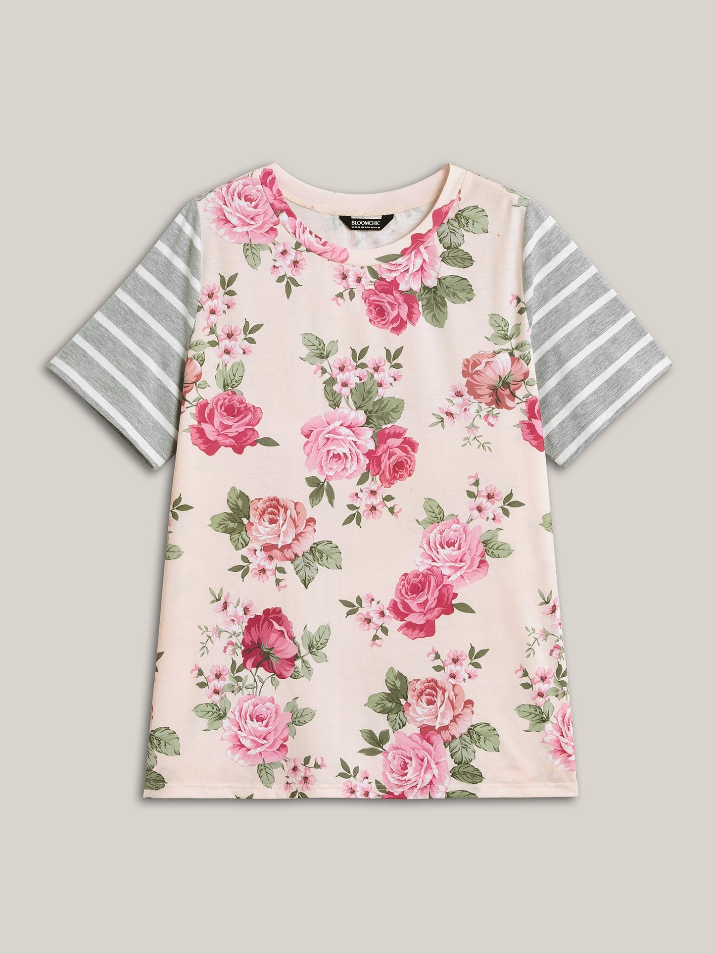 Floral Striped Stretchy Crew Neck T-Shirt