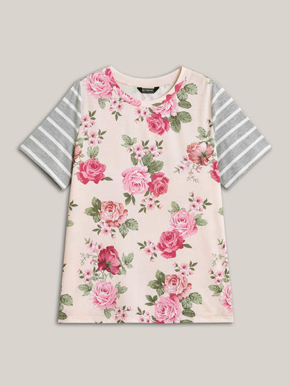 Floral Striped Stretchy Crew Neck T-Shirt