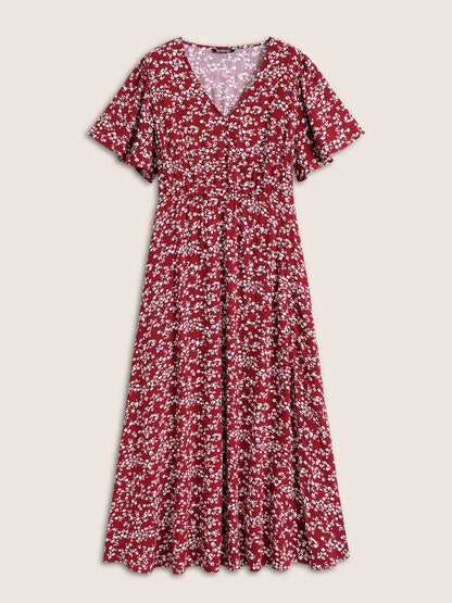 Bloom Dress - Flutter Sleeve Ditsy Floral Pocket Split Maxi Dress