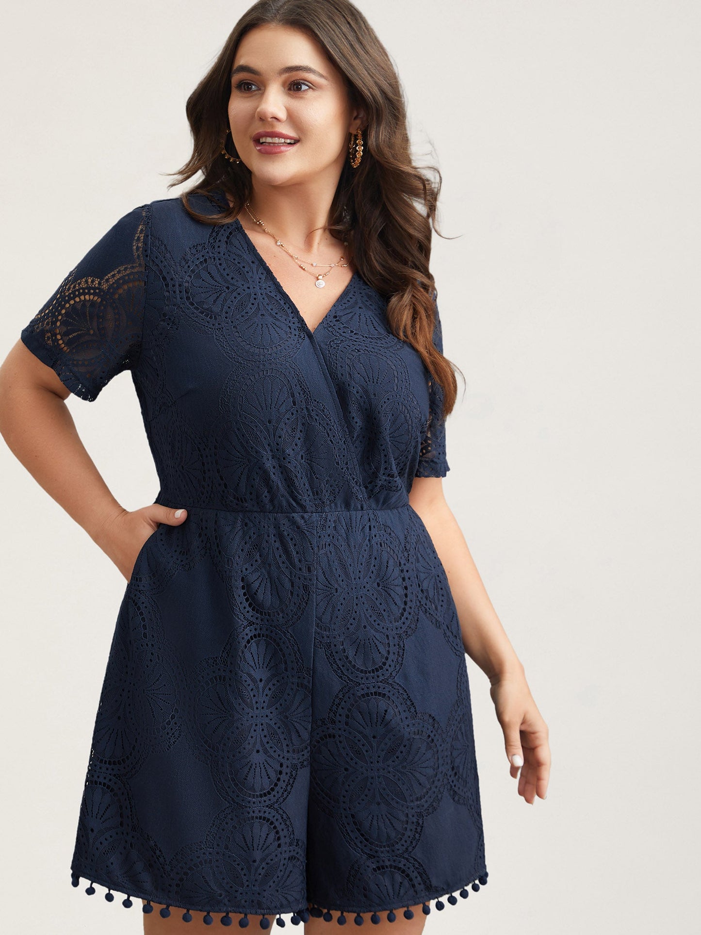 Lace Sleeve Stretchy Waist Pockets Romper