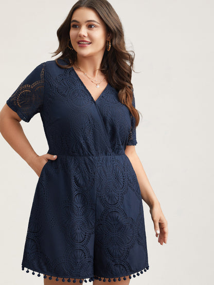 Lace Sleeve Stretchy Waist Pockets Romper