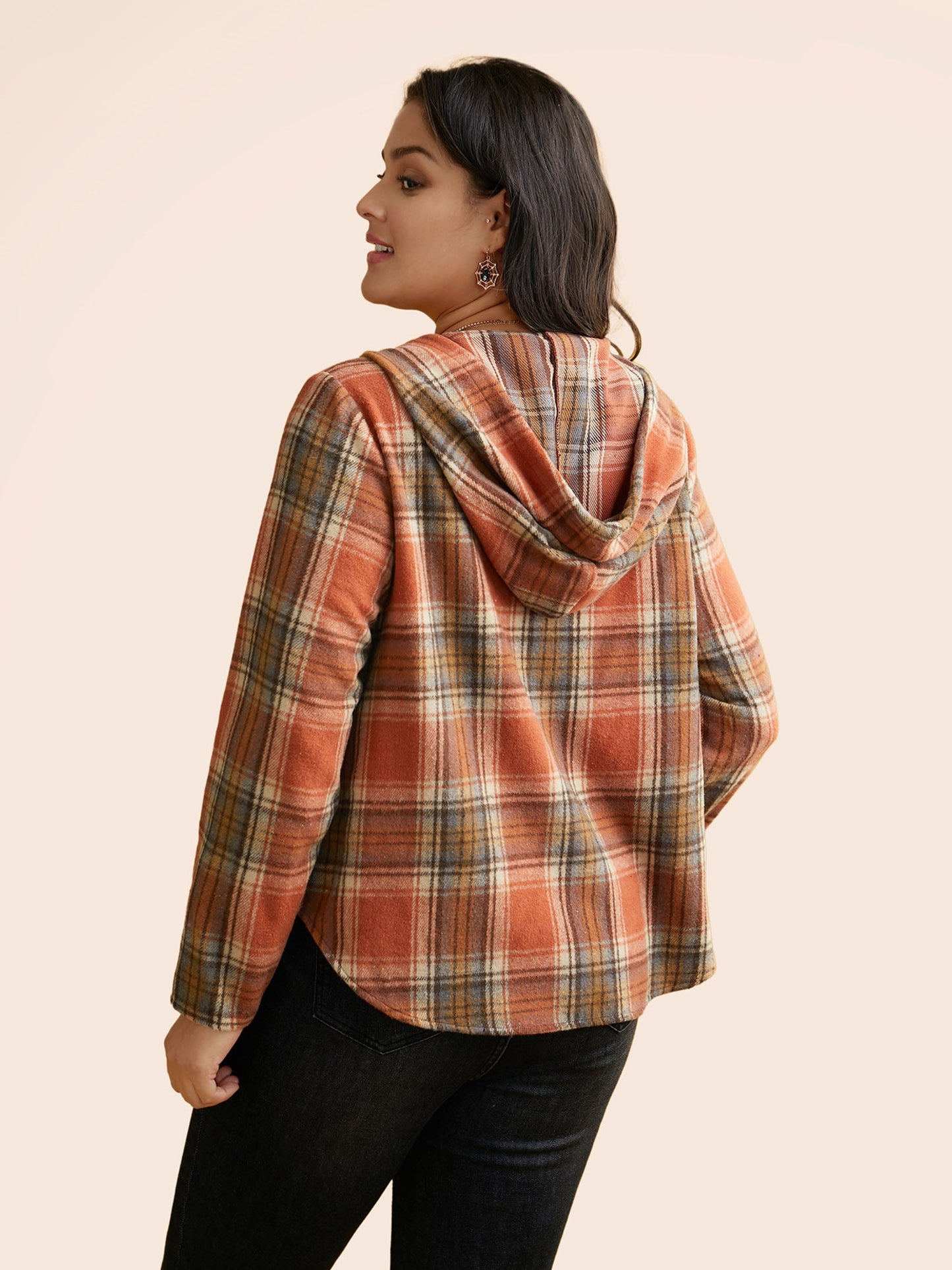 Brushed Fabric Plaid Hooded Sweatshirt