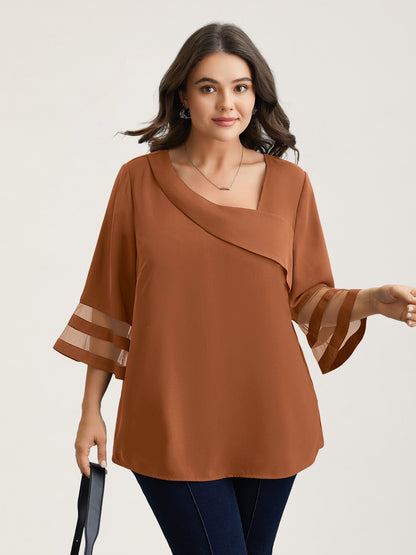 Sheer Sleeve Patchwork Asymmetrical Neckline Blouse