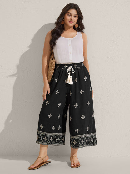 Boho Print Color Contrast Wide-Leg Pants