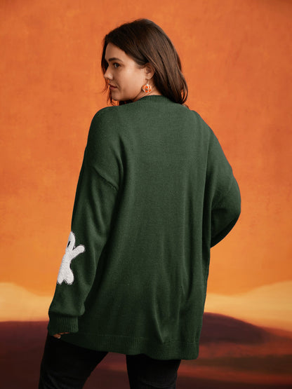 Pumpkin Ghost Embroidery Open Cardigan