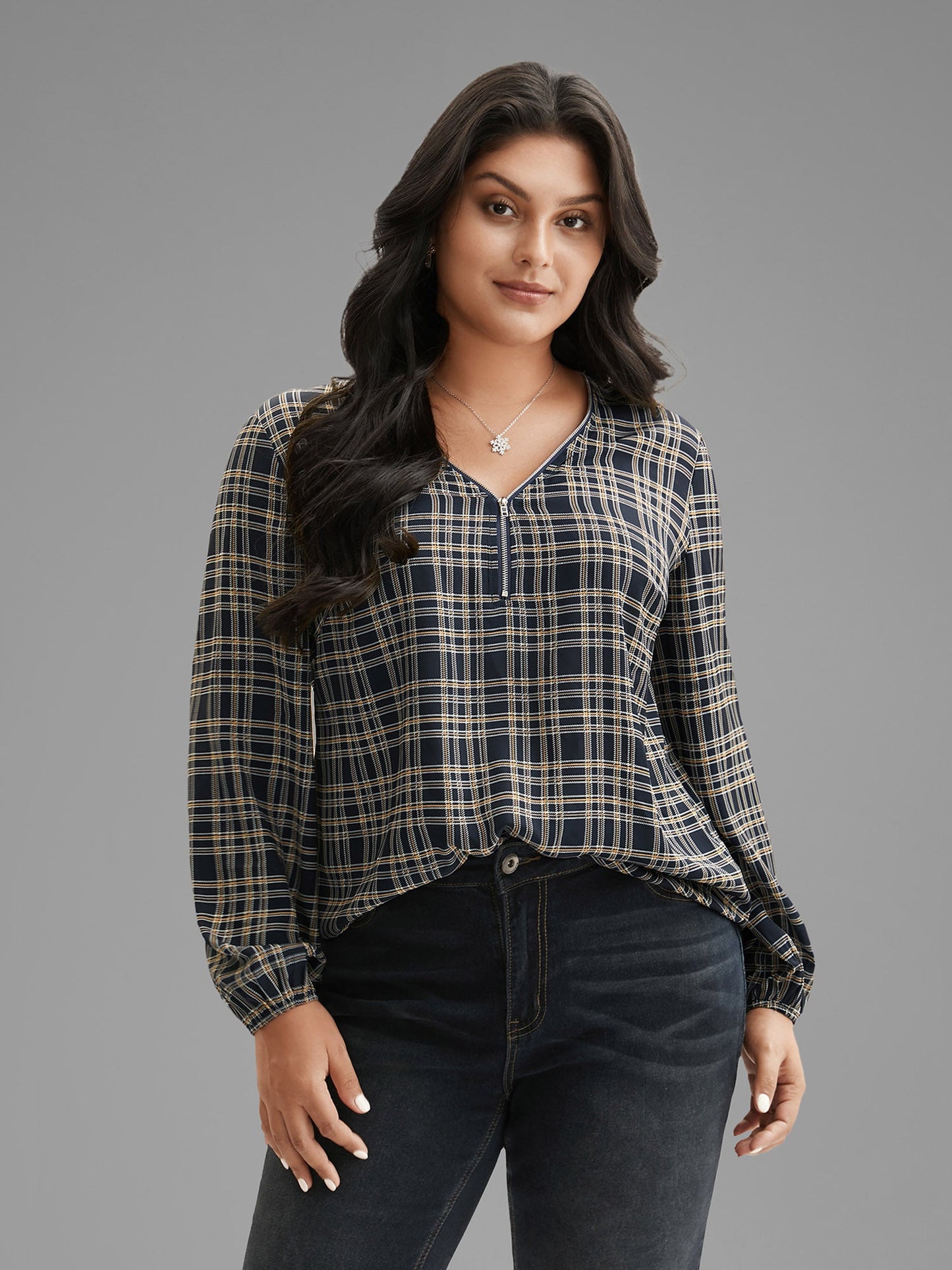 Plaid Zipper Front Lantern Sleeve Blouse