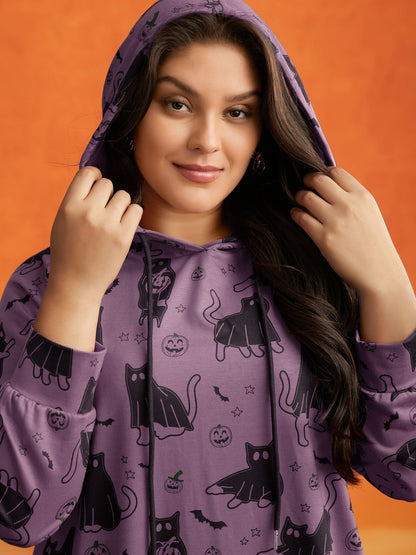 Pumpkin Cat Printed Hooded Midi Dress