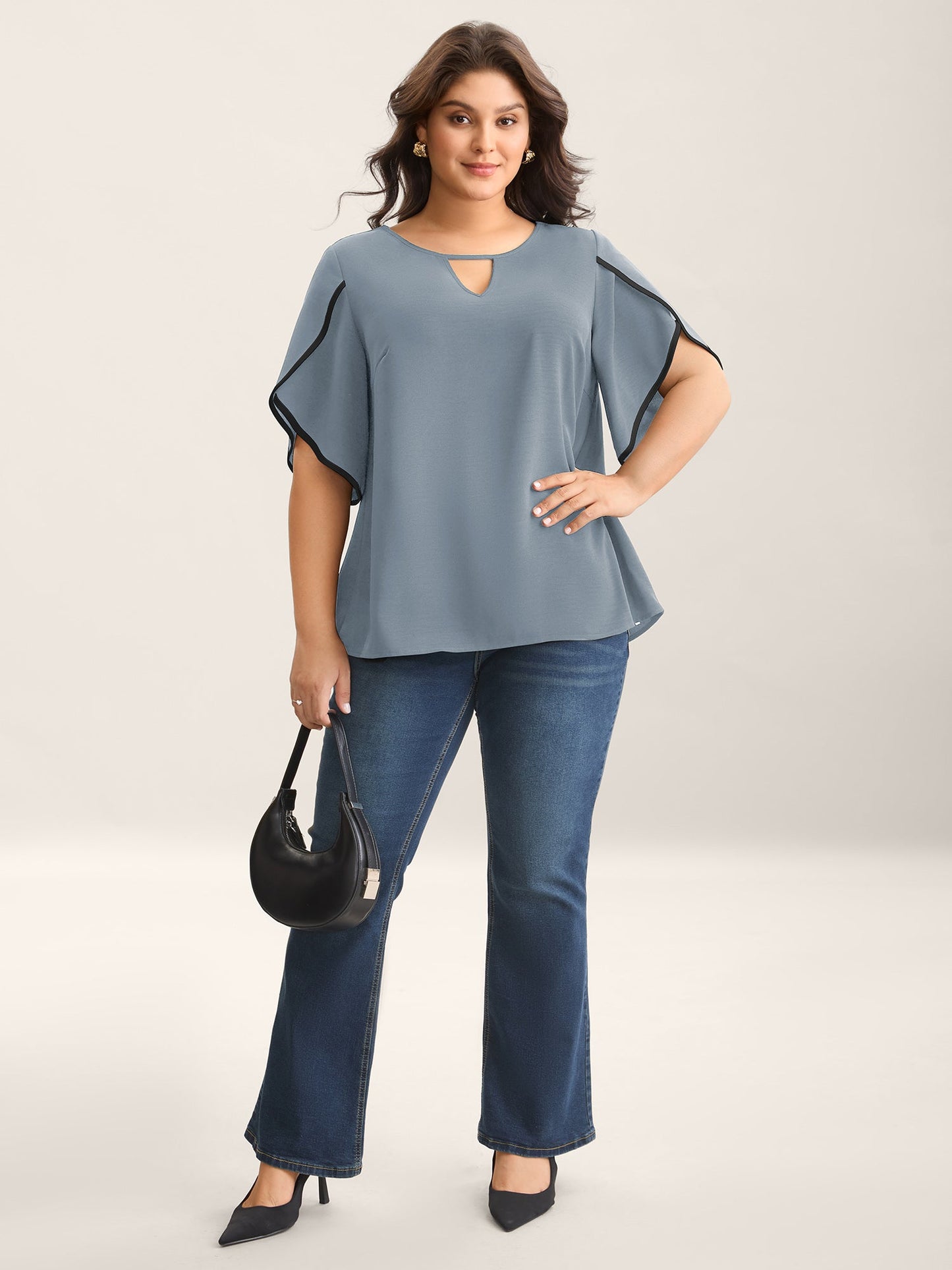 Color Contrast Petal Sleeve Shirt