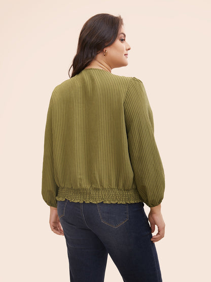 Striped Textured Overlap Collar Shirred Blouse