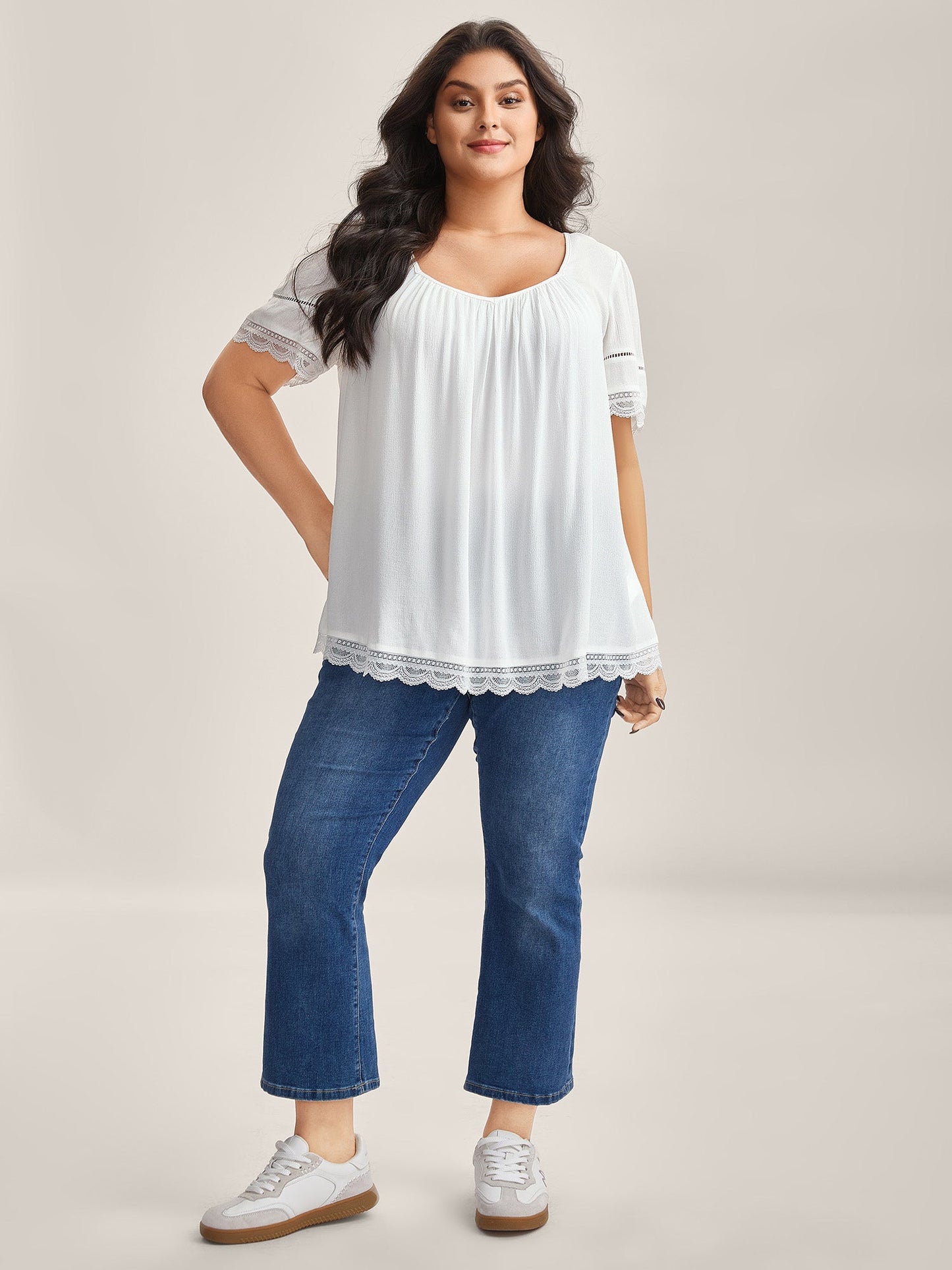 Rayon Flowy Lace Trim Solid Blouse