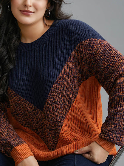 Textured Balloon Sleeves Color Block Pullover