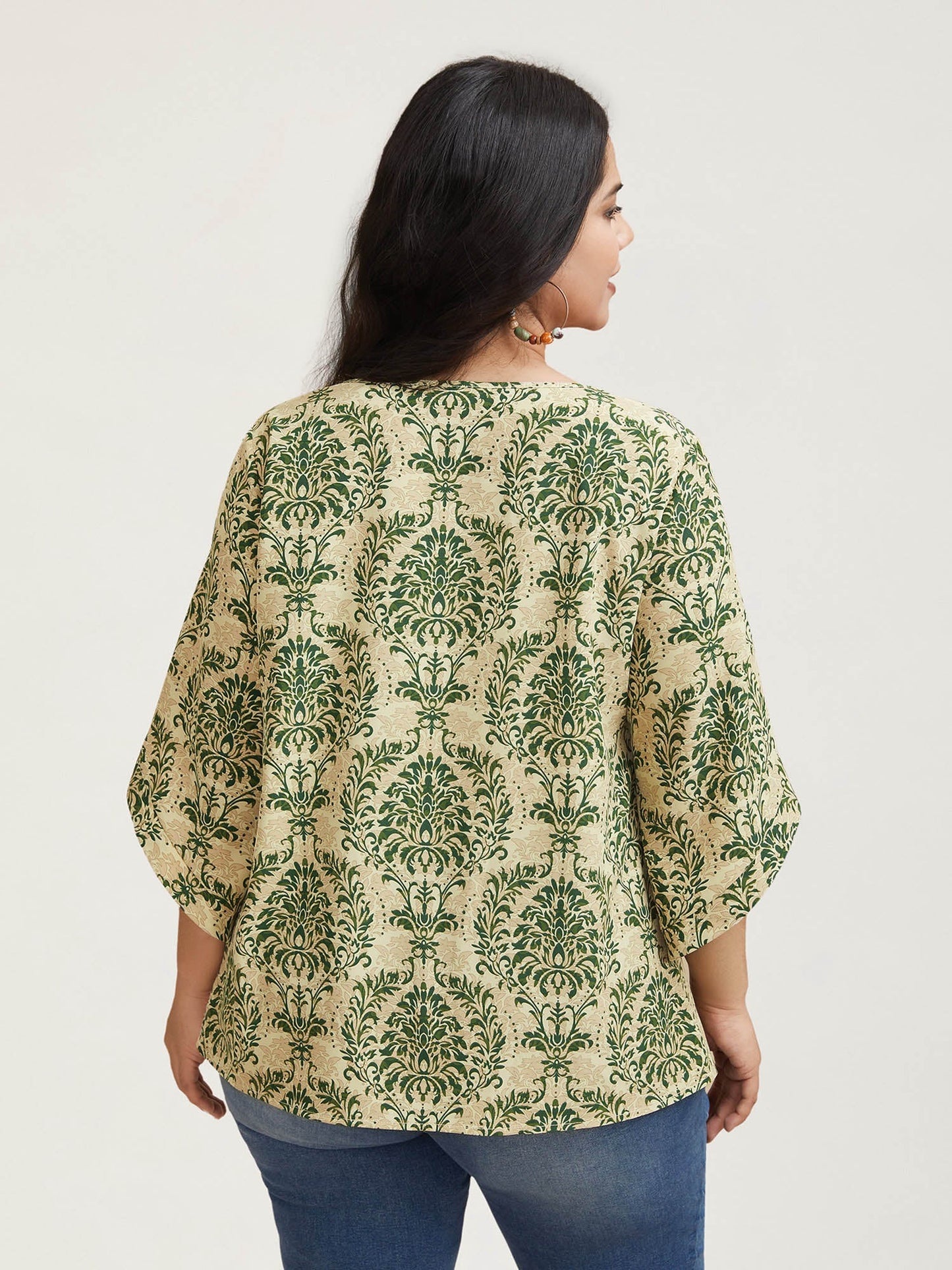Damask Print Flared Sleeve V-Neck Shirt