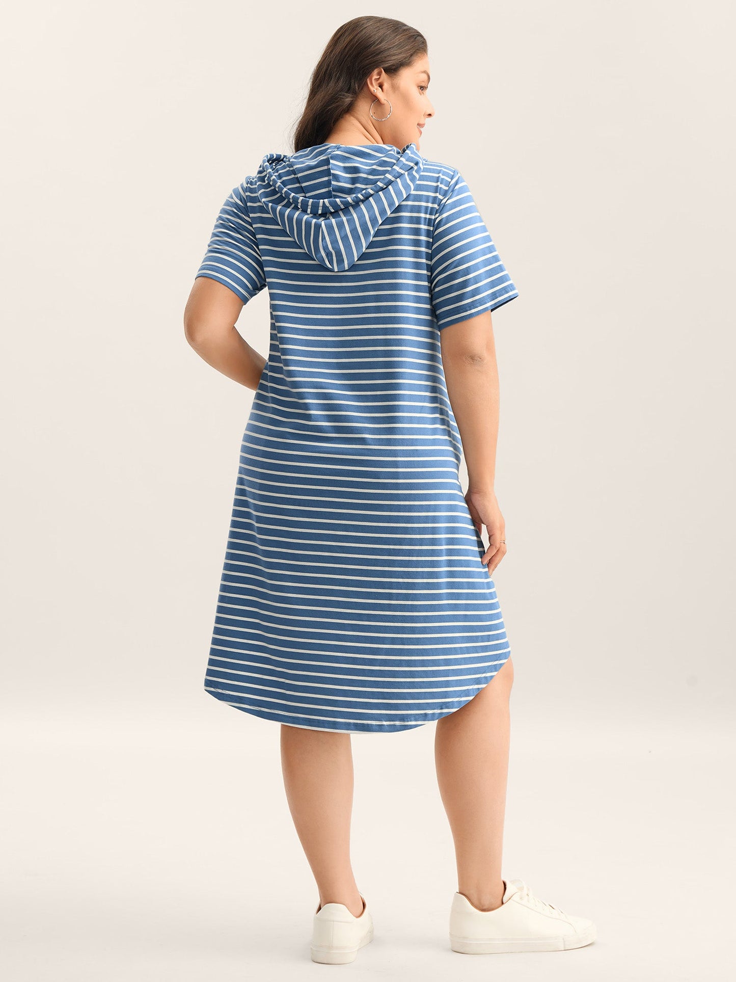 Stripe Print Curvy Hem Hooded Midi Dress