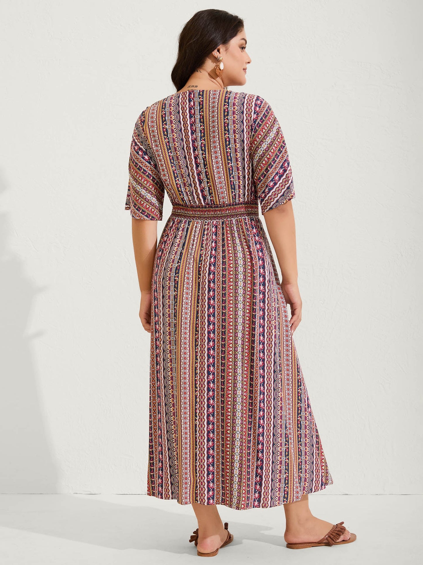 Striped Contrast Dolman Sleeve Shirred Pocket Split Flutter Dress