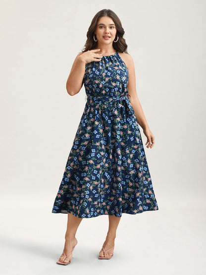 Floral Print Belted Stretchy Waist Midi Dress