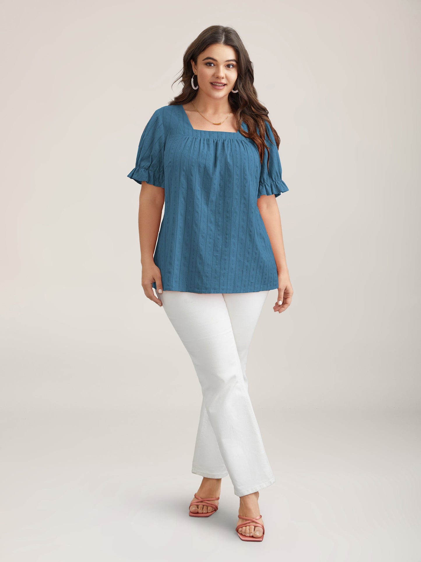 Cotton Square Neck Ruffled Sleeve Shirt