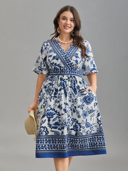 Floral Print Wrap-Neck Pocket Midi Dress