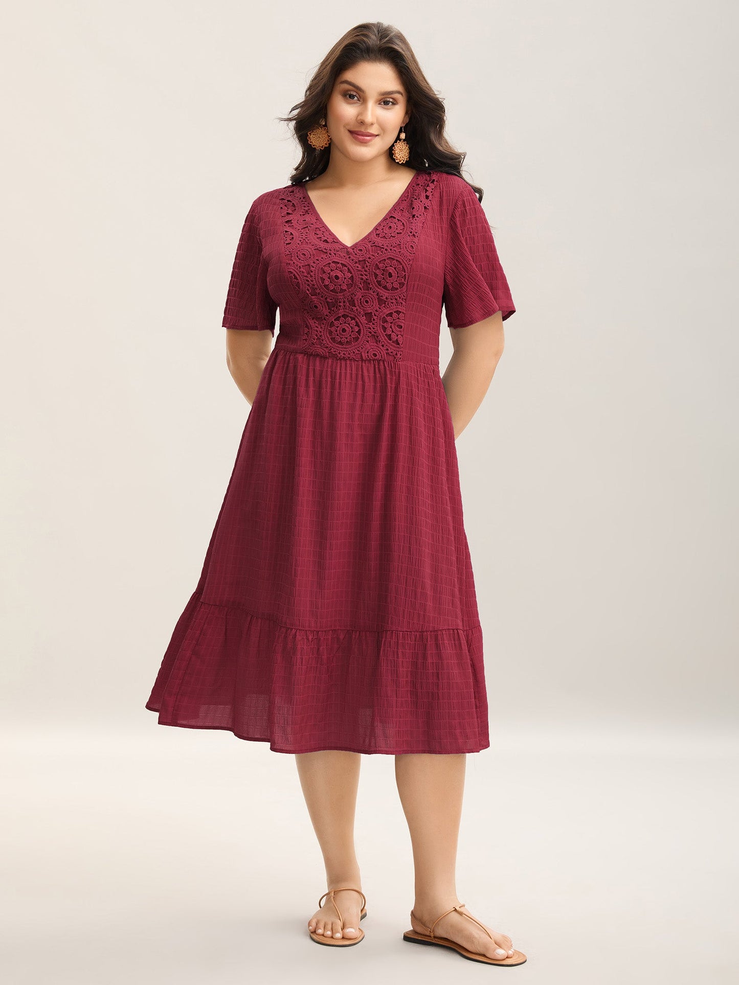 Lace Textured Pockets Tiered Midi Dress