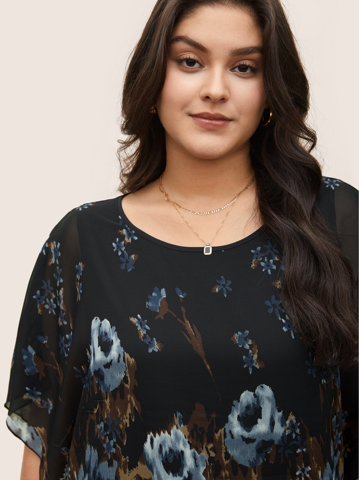 Pixel Flower Shirred Batwing Sleeve Blouse