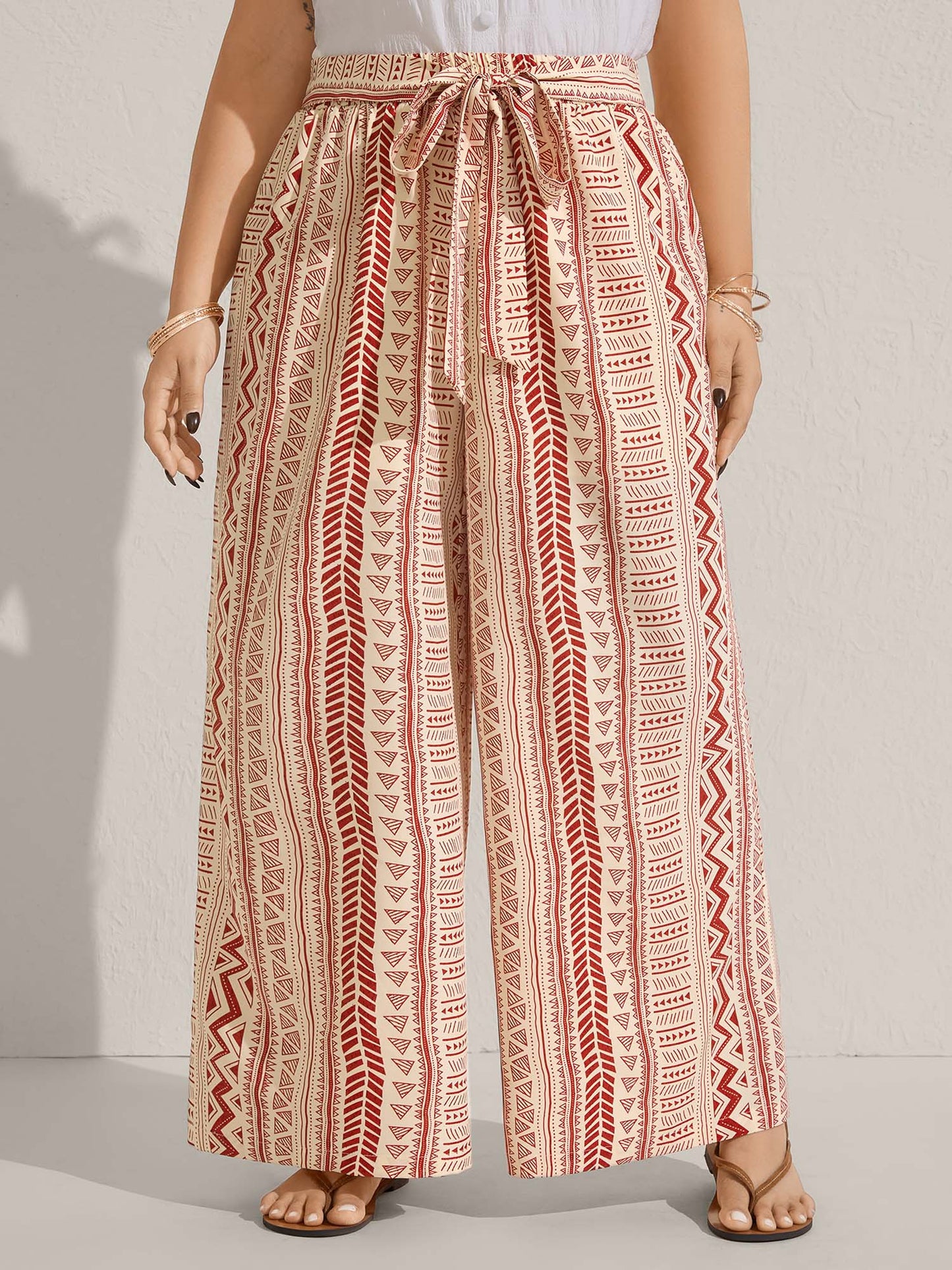 Waist-Tie Wide-Leg Boho Print Pants