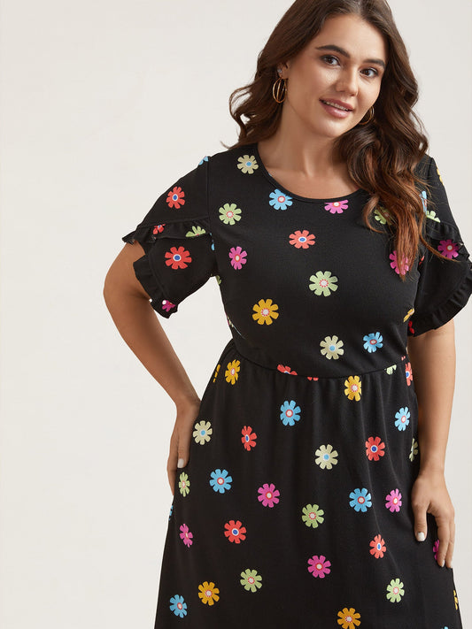 Stretchy-Waist Floral Print Pockets Midi Dress