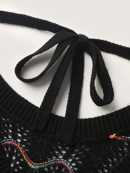 Ripple Textured Sheer Neck Backless Pullover