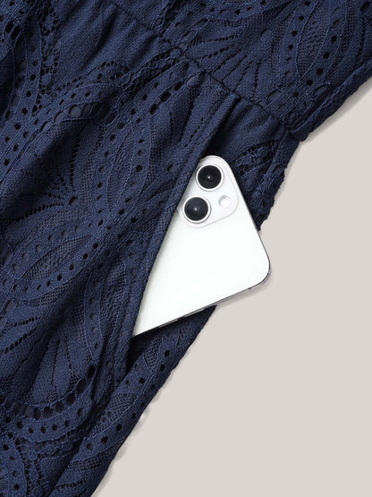 Lace Sleeve Stretchy Waist Pockets Romper