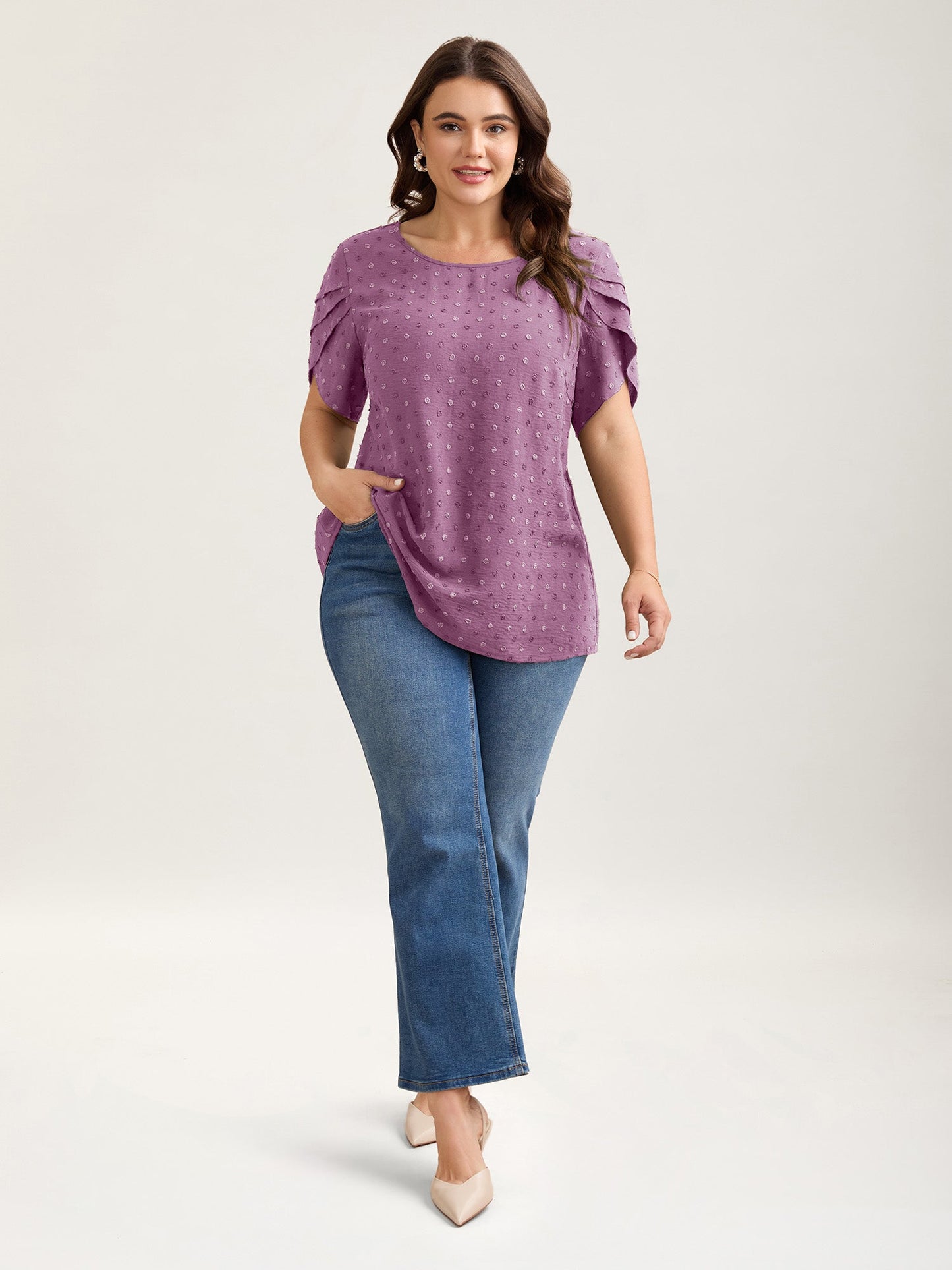 Textured Color Contrast Petal Sleeve Blouse