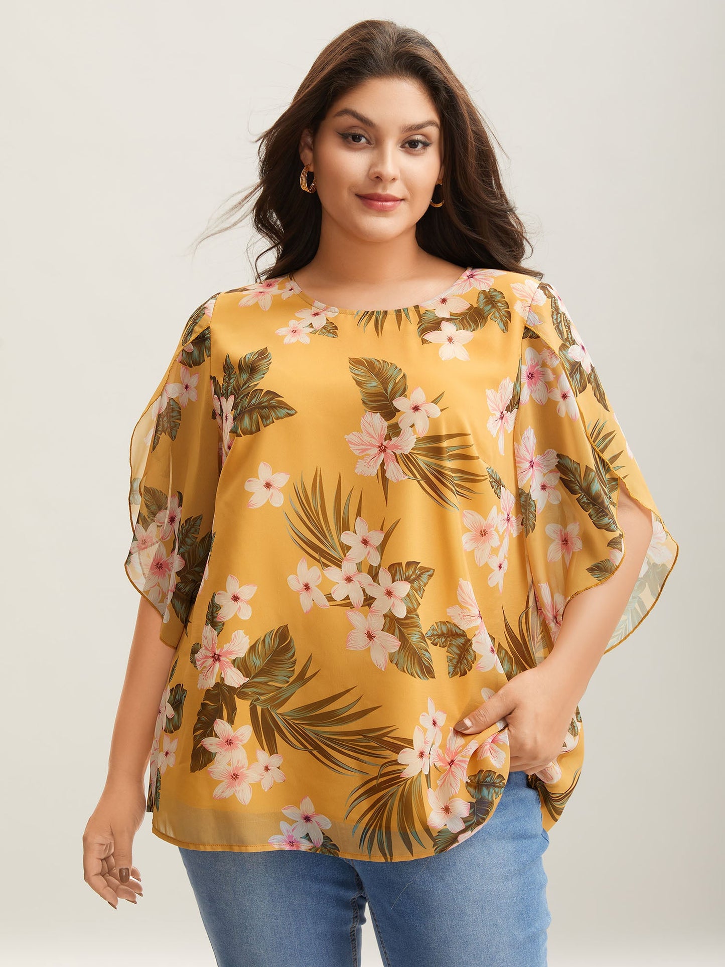 Petal Sleeve Floral Round Neck Shirt
