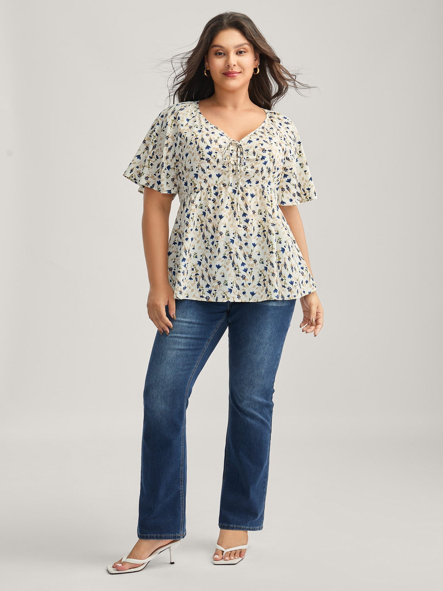 Bust-Comfort Floral Print Tie Blouse