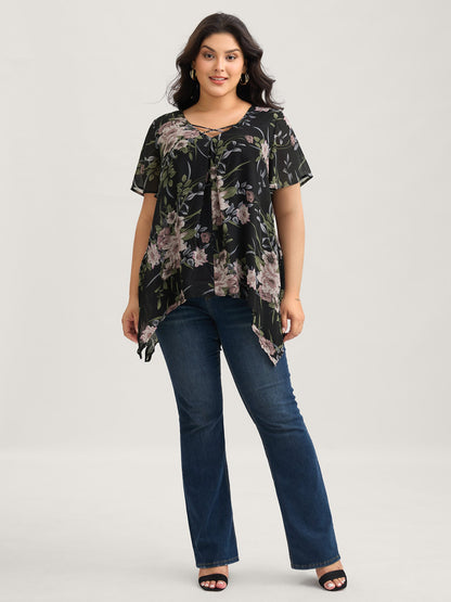Chiffon Floral Crisscross Hanky Hem Blouse