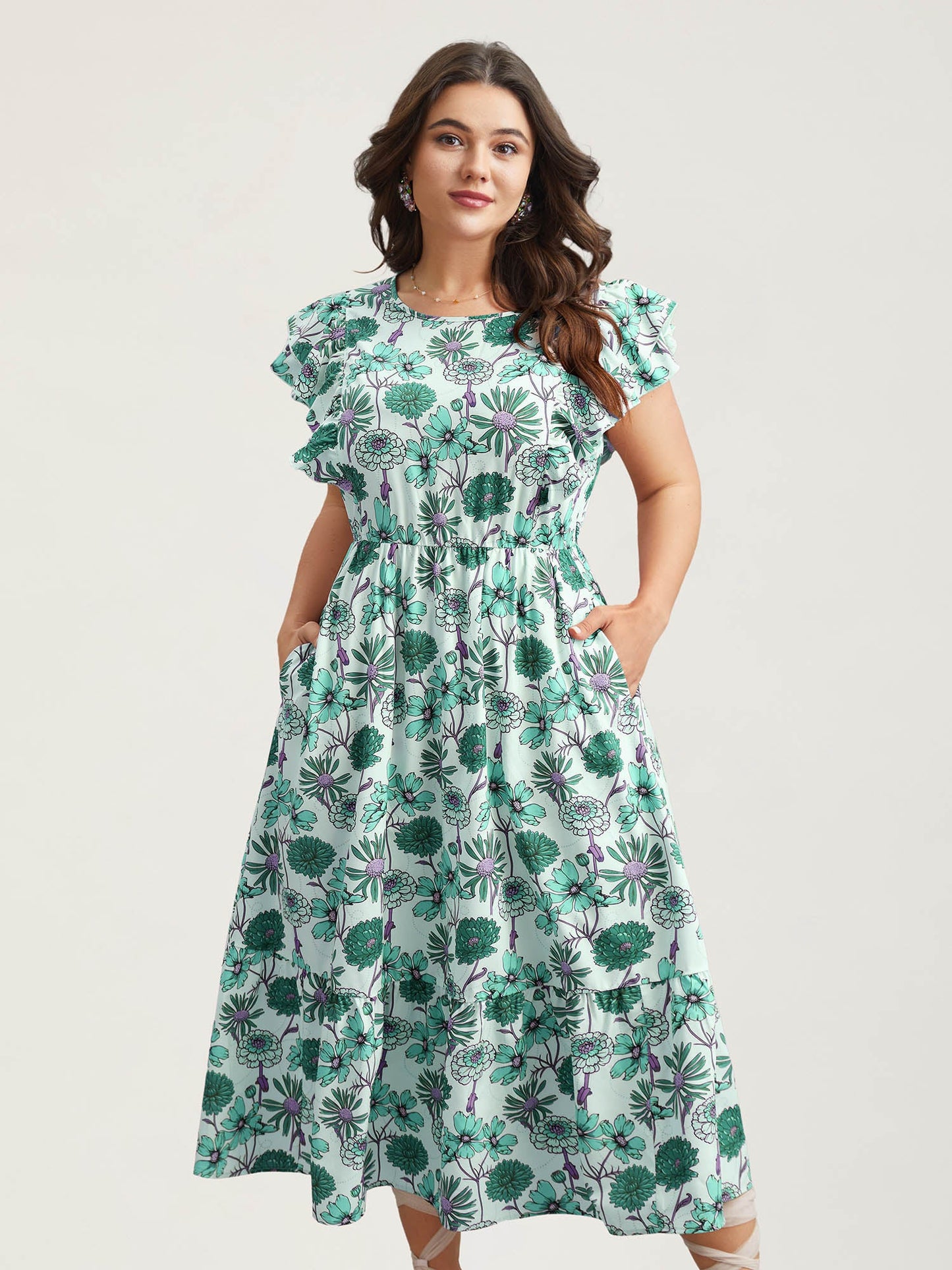 Ruffled Floral Print Stretchy-Waist Midi Dress