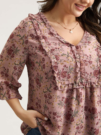 Chiffon Floral Print Ruffled Neck Flowy Shirt