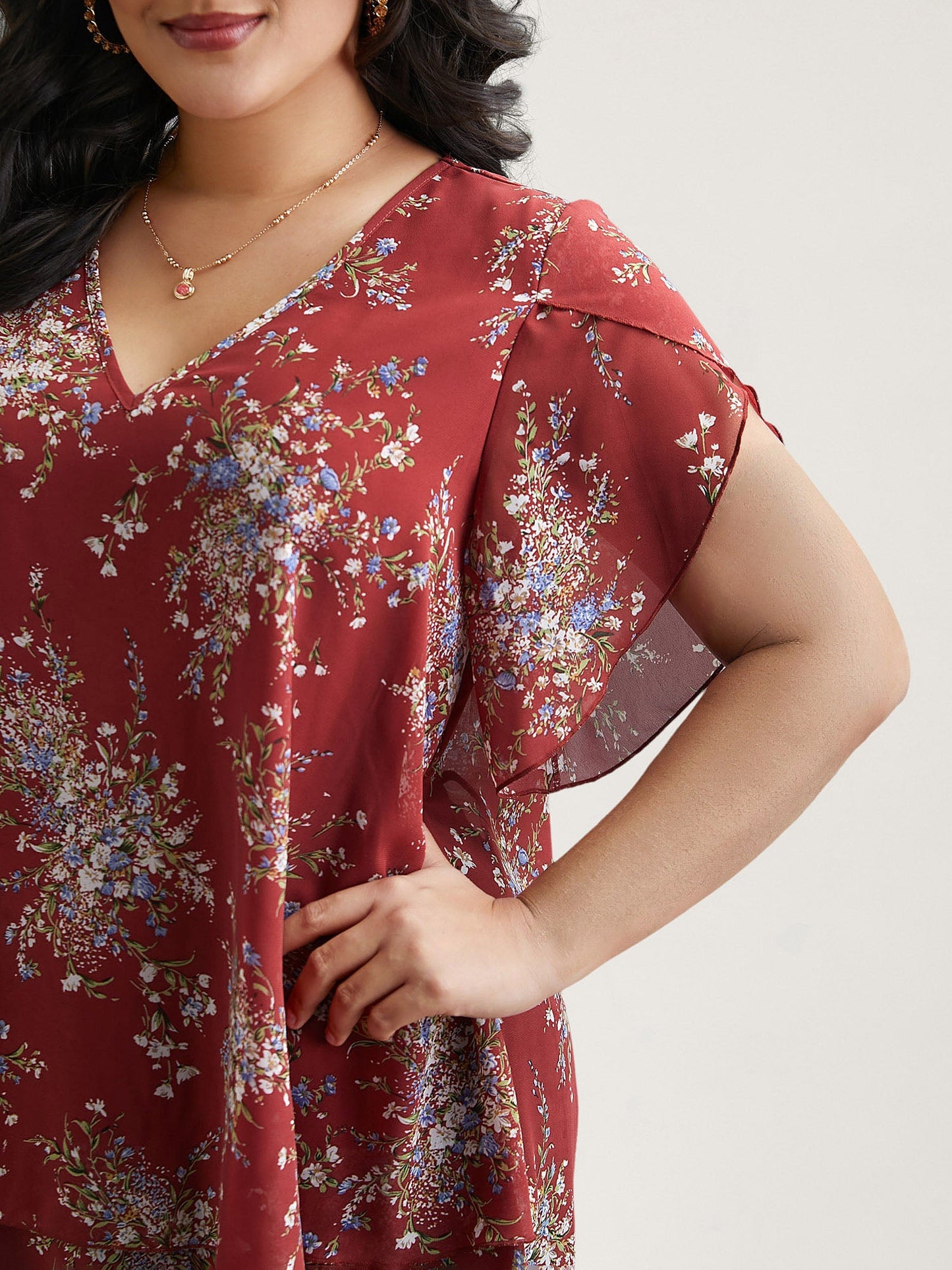 Floral Print Petal Sleeve Layered Blouse