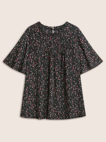 Ditsy Floral Plicated Detail Frill Trim Blouse