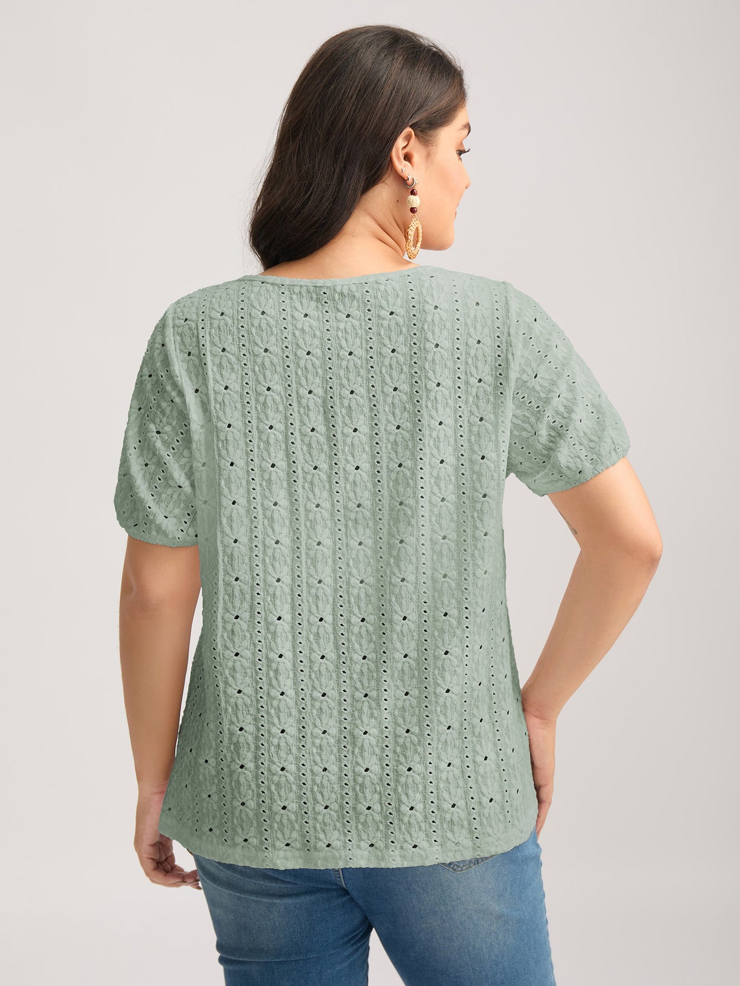 Eyelet Trim Floral Embroidered Solid T-Shirt