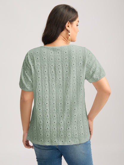 Eyelet Trim Floral Embroidered Solid T-Shirt