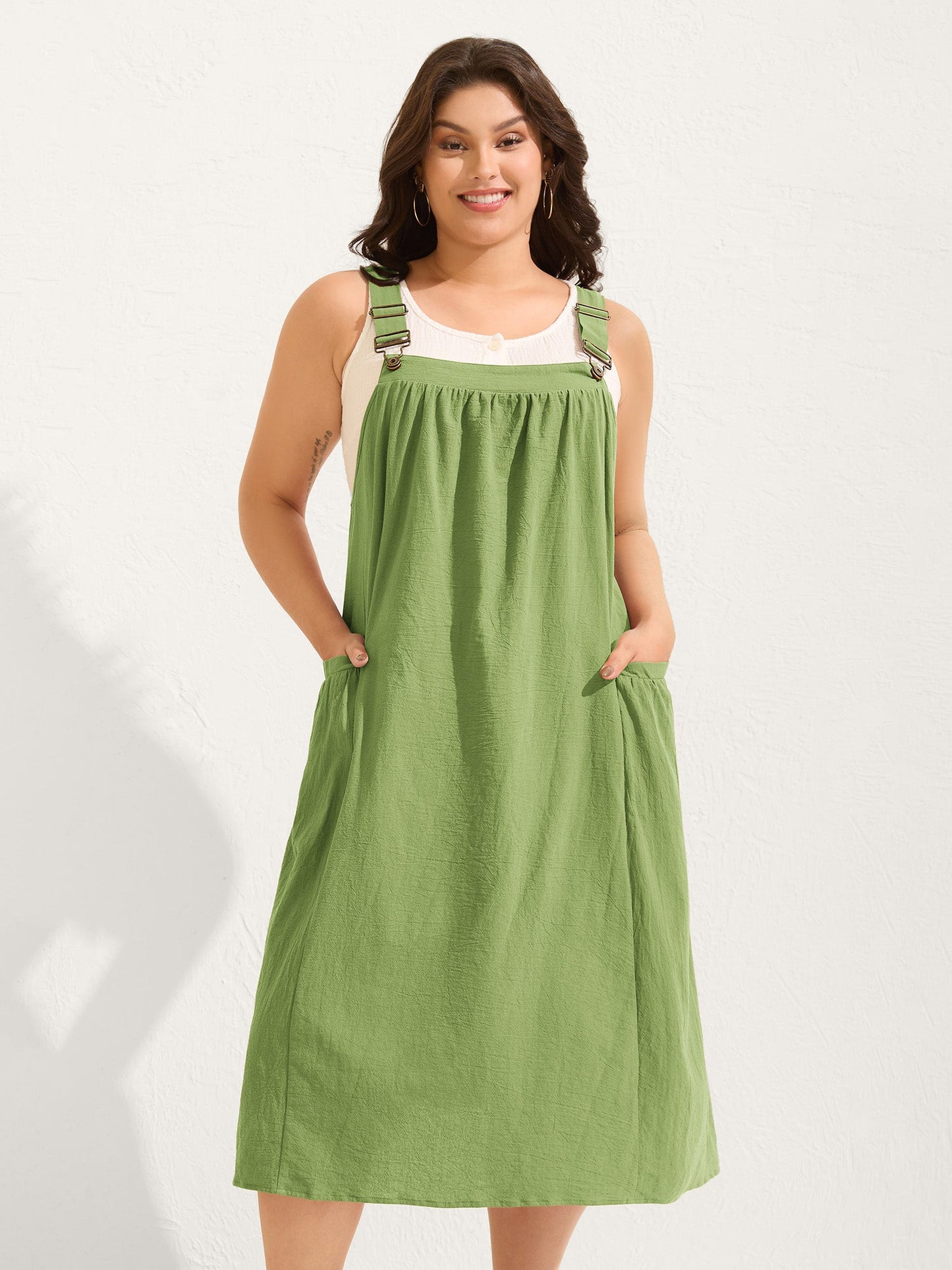 Pure Cotton Pleated Pockets Midi Dress