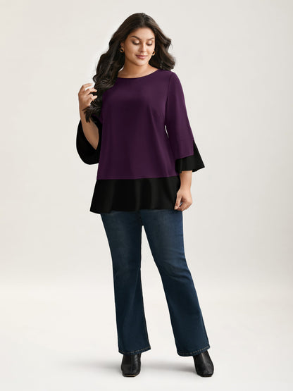 Contrast Patchwork Bell Sleeve Blouse