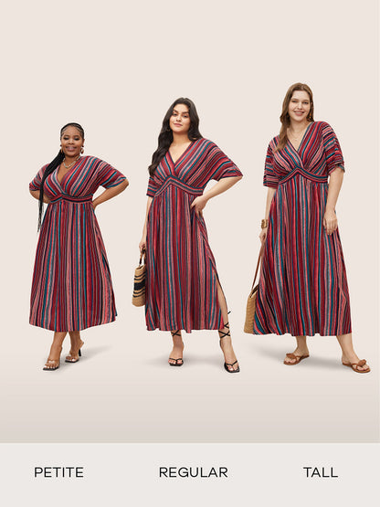 Striped Contrast Dolman Sleeve Shirred Pocket Split Flutter Dress