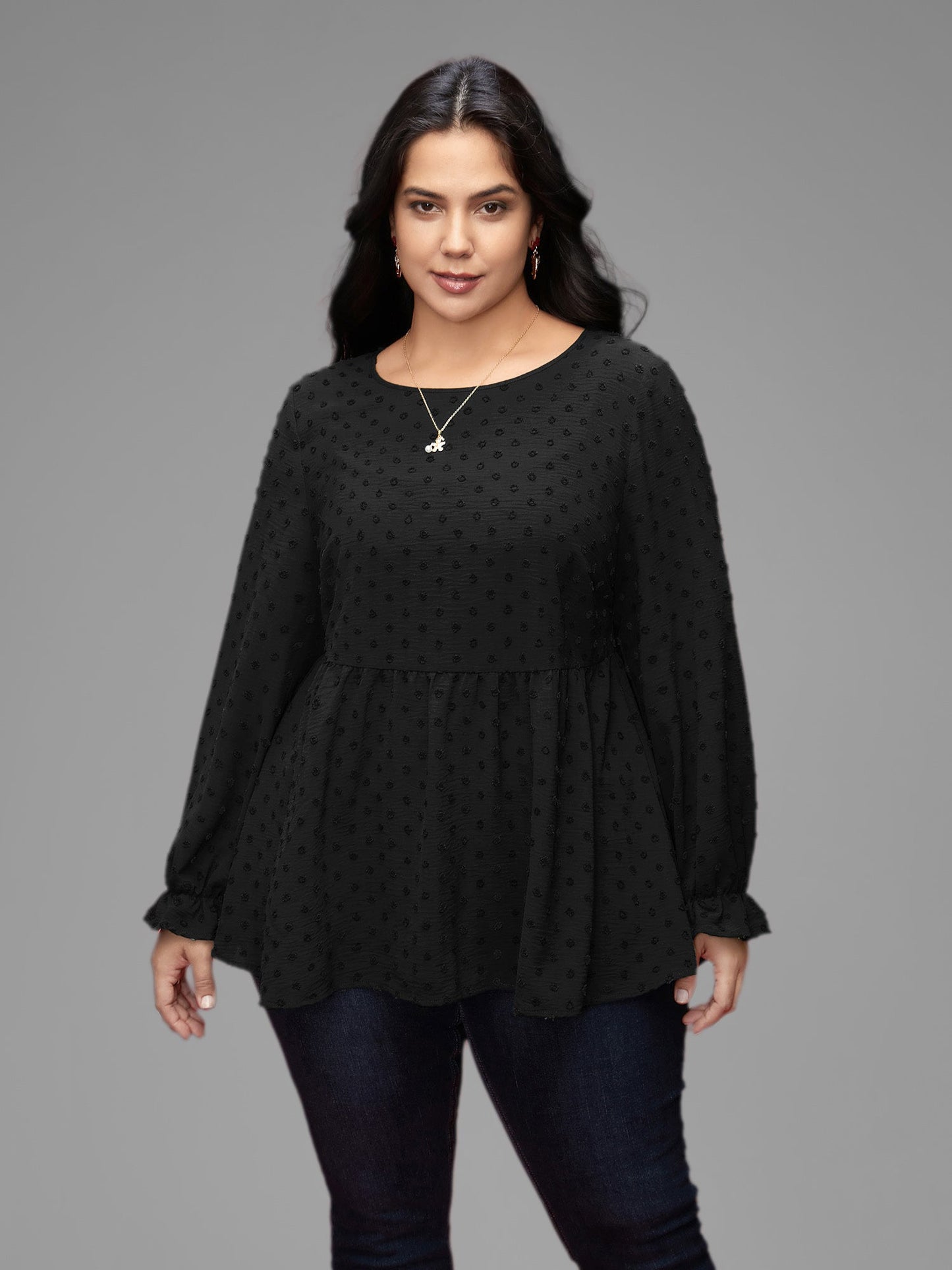 Textured Dot Elastic Cuffs A-line Blouse