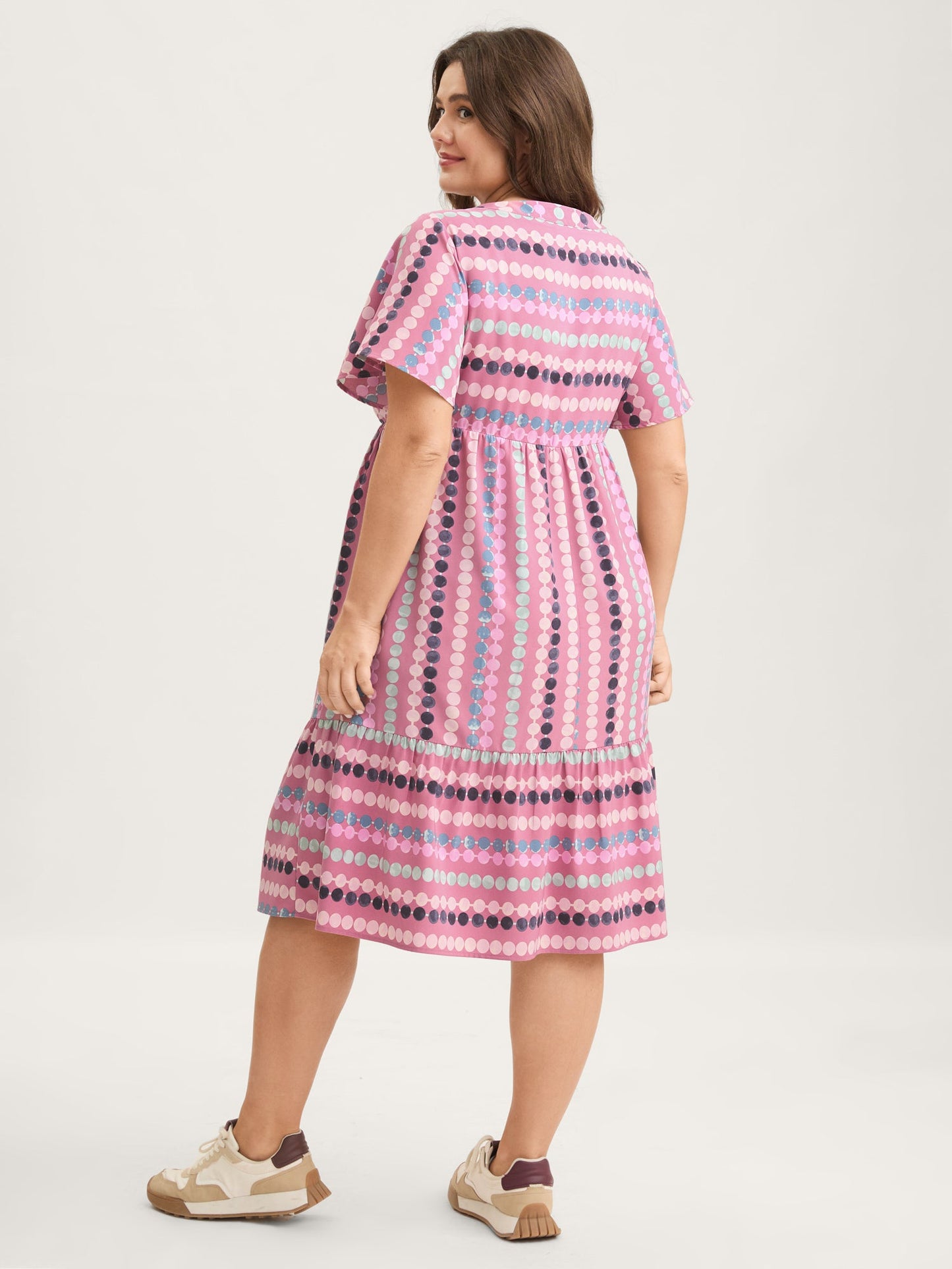 Dot Print Elastic Waist Split Neck Midi Dress