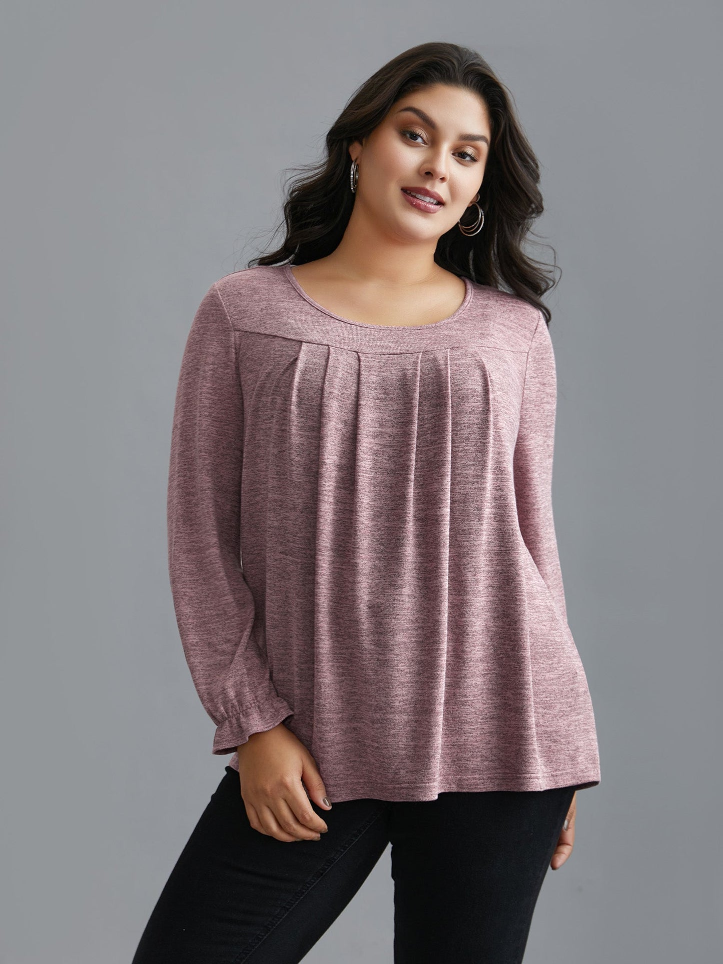 Round Neck Heather Pleated T-shirt