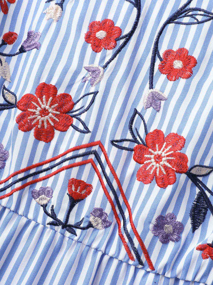 Floral Embroidery Stripes Flutter Midi Dress