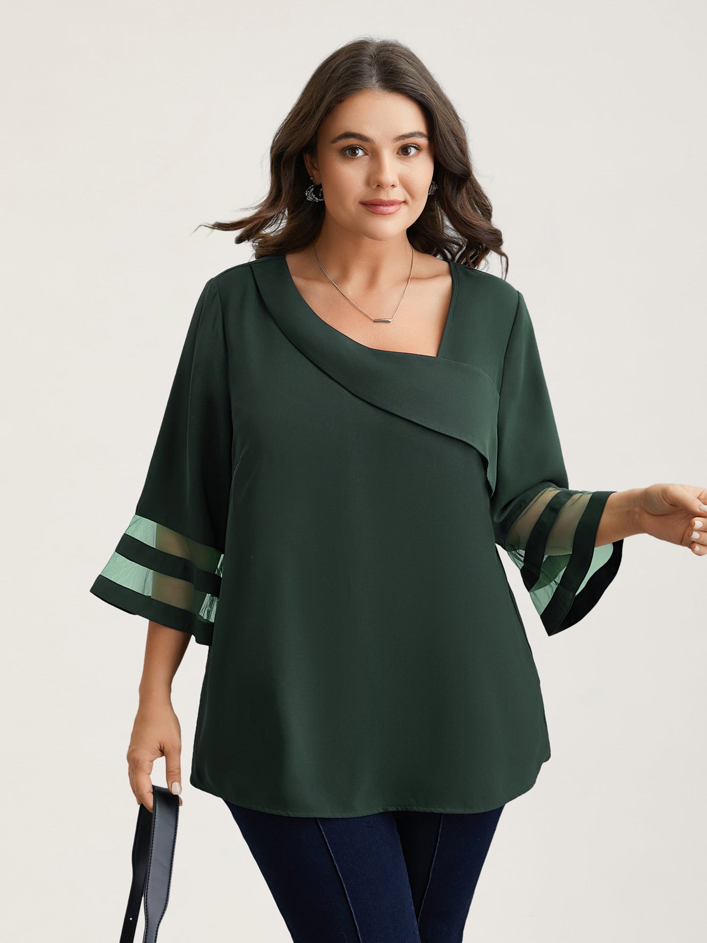 Sheer Sleeve Patchwork Asymmetrical Neckline Blouse