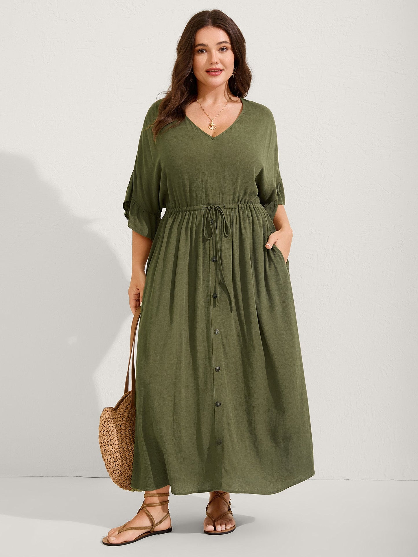 Waist-Defining Tie Ruffled Sleeve Midi Dress